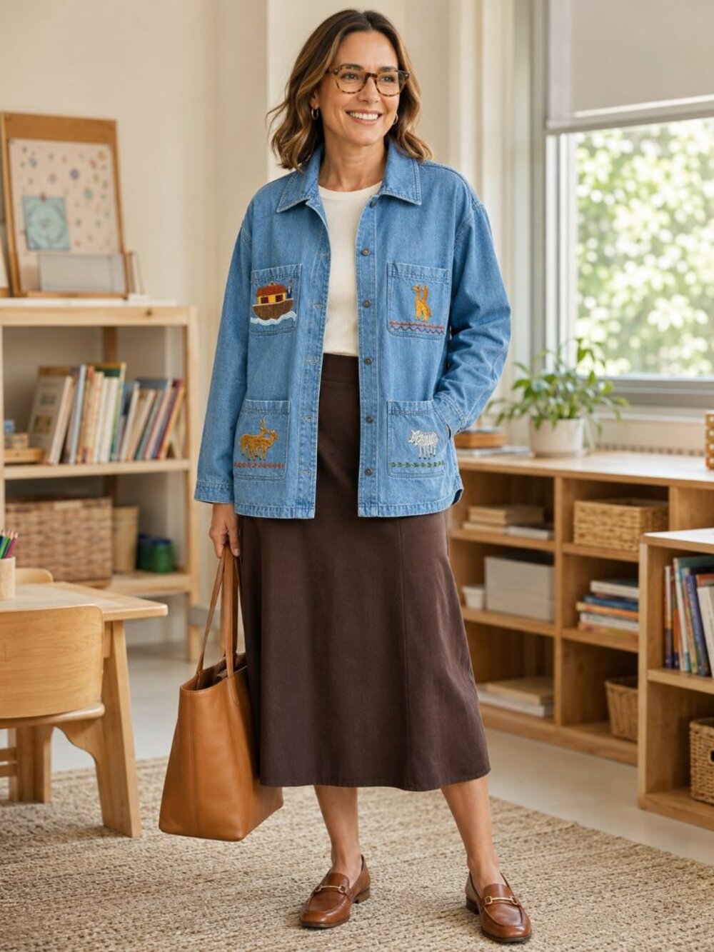 VTG Noah's Ark Embroidered Denim Shacket Large Cottagecore Sunday School Teacher